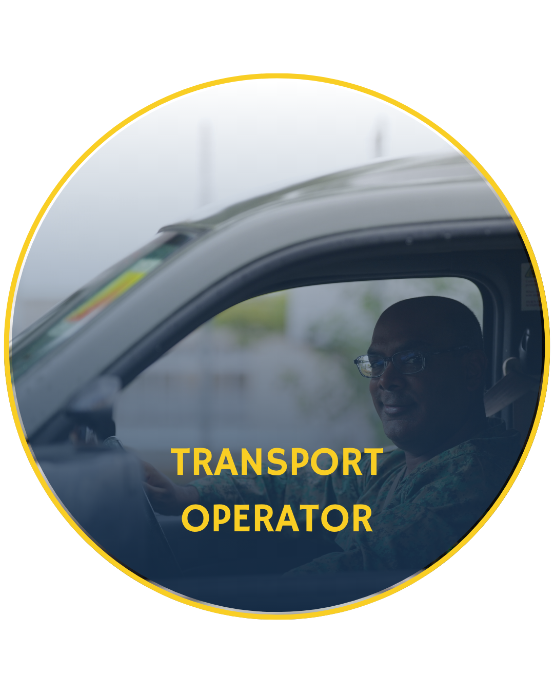 Transport Operator in military uniform driving a vehicle.